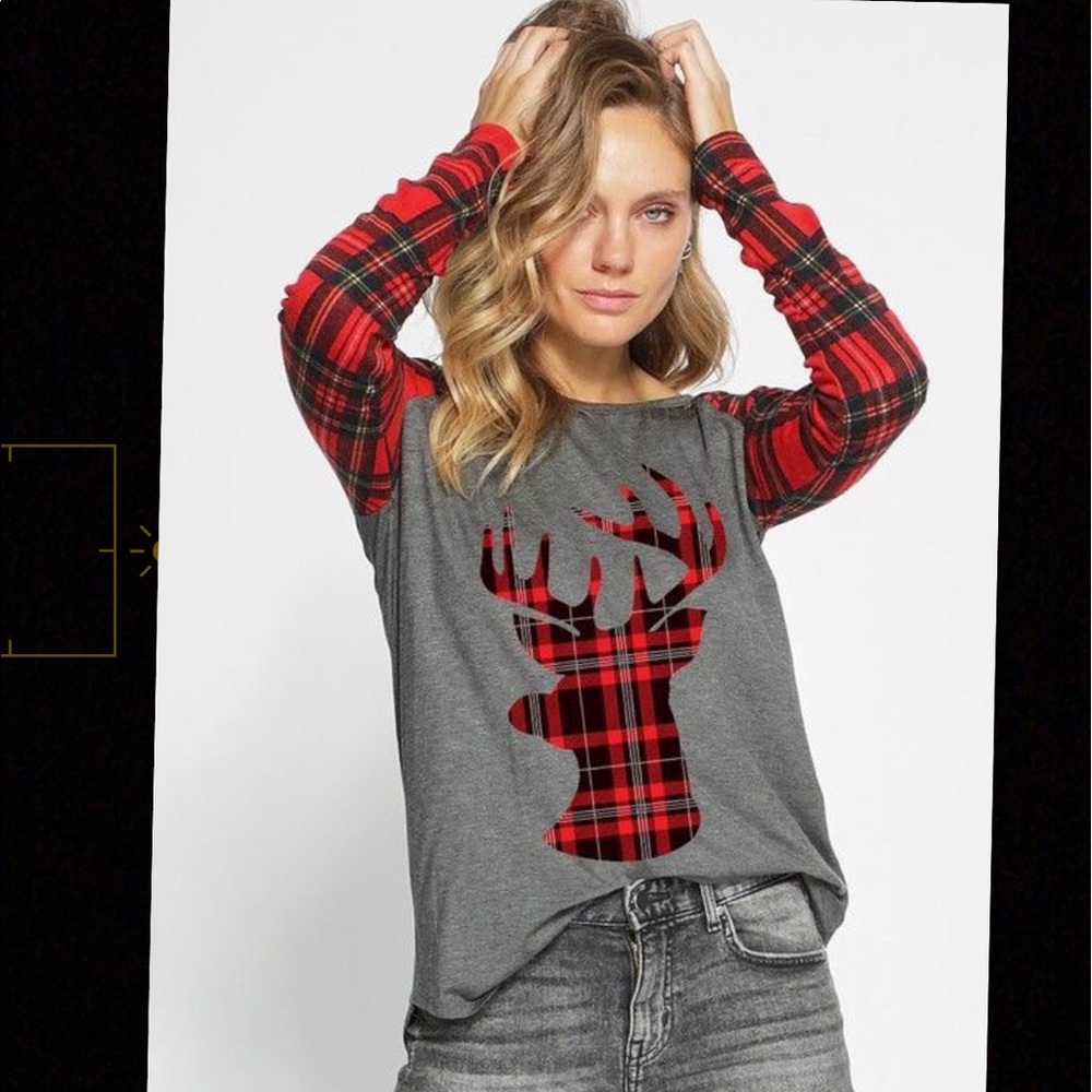 LAST ONE! Ragland Holiday top, plaid sleeves